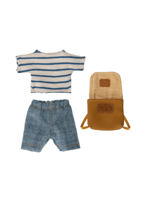 Kit Pelúcia Ratinho Irmão Mais Velho Com Mochila E Conjunto Blusa E Bermuda  Azul Maileg