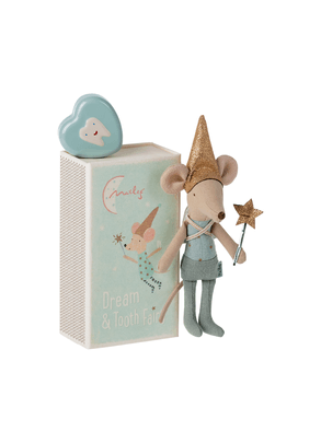 Kit Pelúcia Ratinha Fada Do Dente Com Caixa De Fósforo Azul Maileg