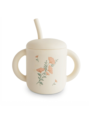 Copo De Treinamento Com Canudo De Silicone Flores Rosa Mushie