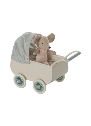 Kit Pelúcia Ratinho Bebê Com Mini Carrinho De Bebê Menta Maileg